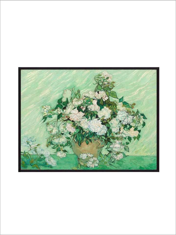 "Green & White Roses By Van Gogh Framed Painting''