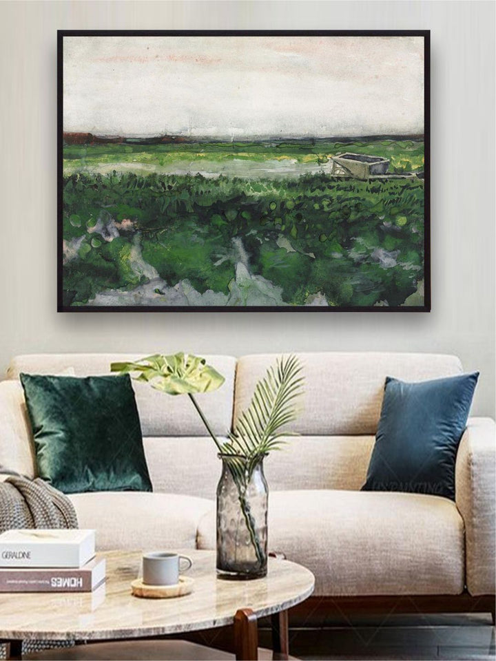 "White & Green Landscape with Wheelbarrow By Van Gogh Framed Painting''
