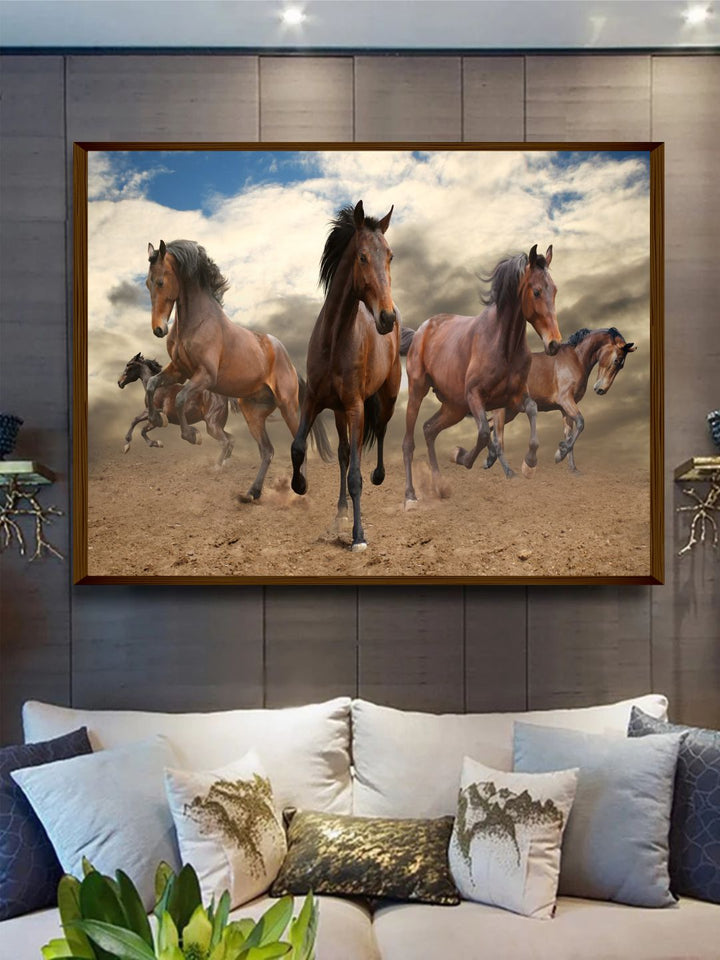 "Brown 7 Horses Printed Framed Wall Painting''