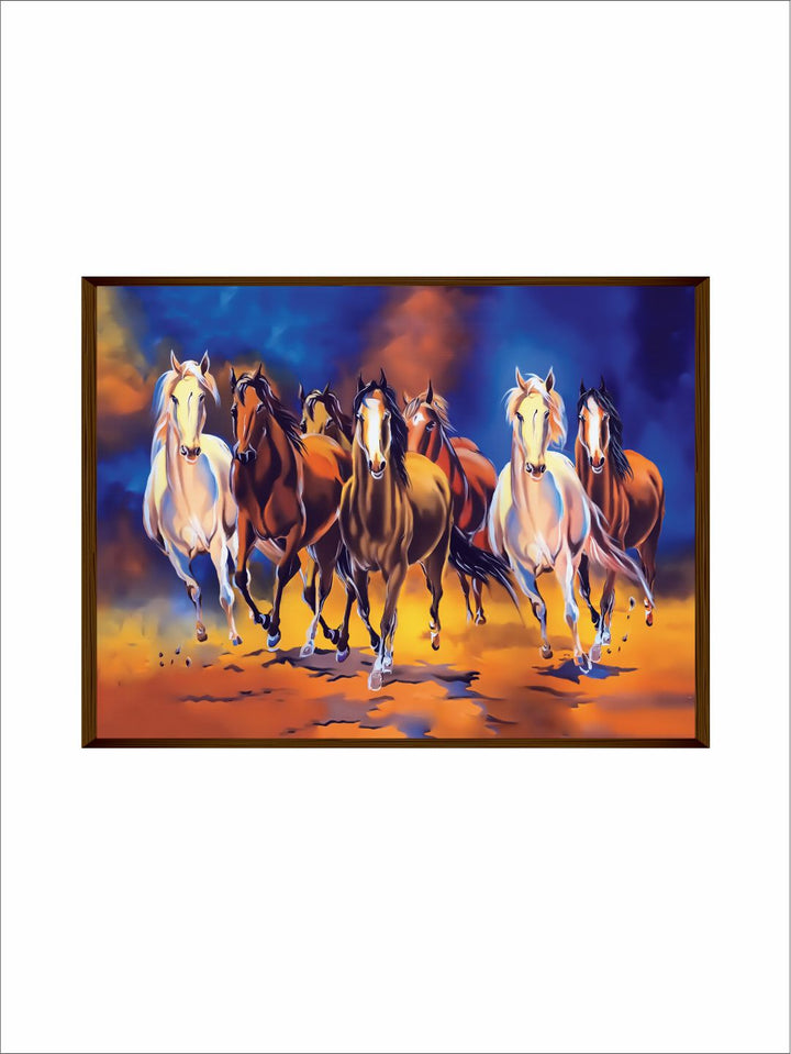 " Blue & Orange 7 Horses Painting Framed Wall Art''