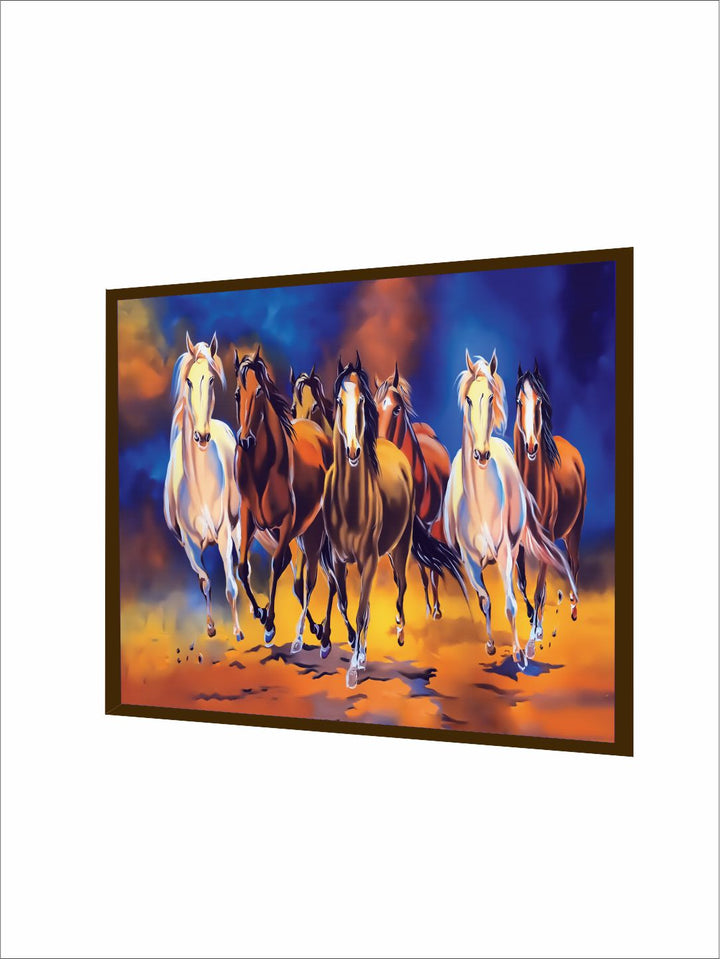 " Blue & Orange 7 Horses Painting Framed Wall Art''