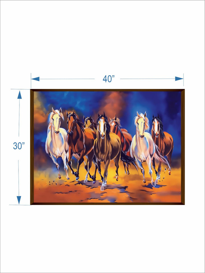 " Blue & Orange 7 Horses Painting Framed Wall Art''