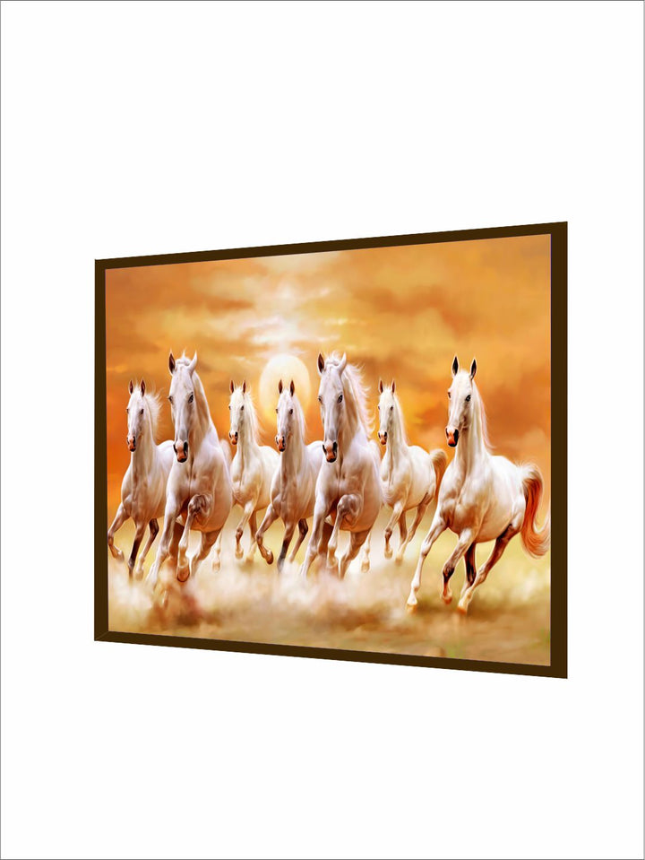 "Orange & Beige 7 Horses Painting Framed Wall Art''