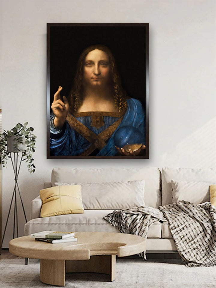 "Blue & Black Salvator Mundi Painting Wooden Wall Art''