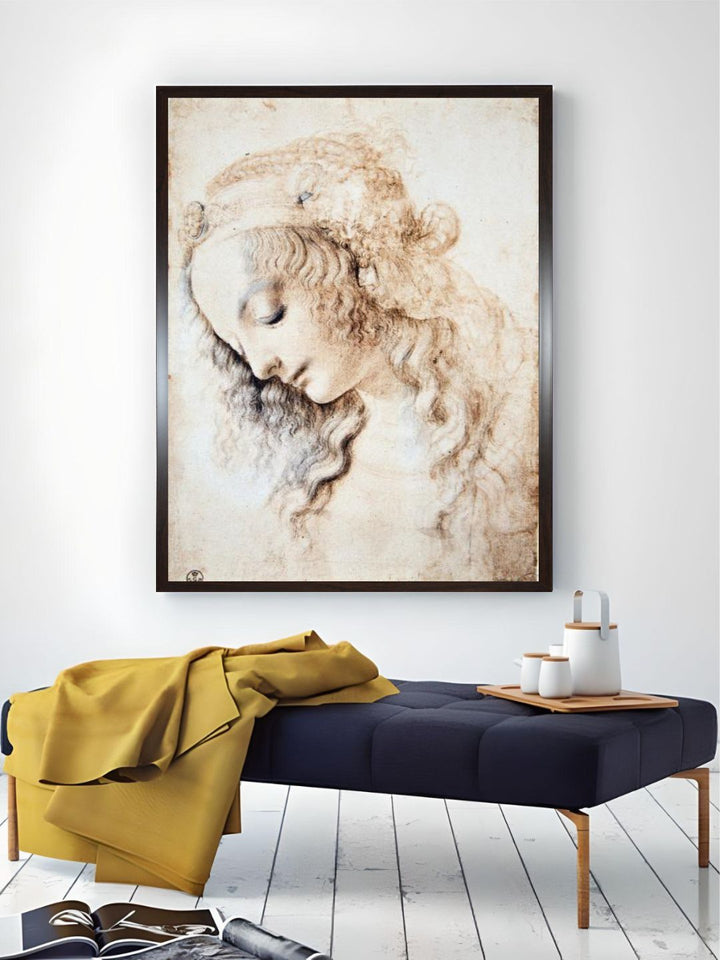 "Beige Portrait Of A Girl With Closed Eyes & Head Down Painting Wall Art''