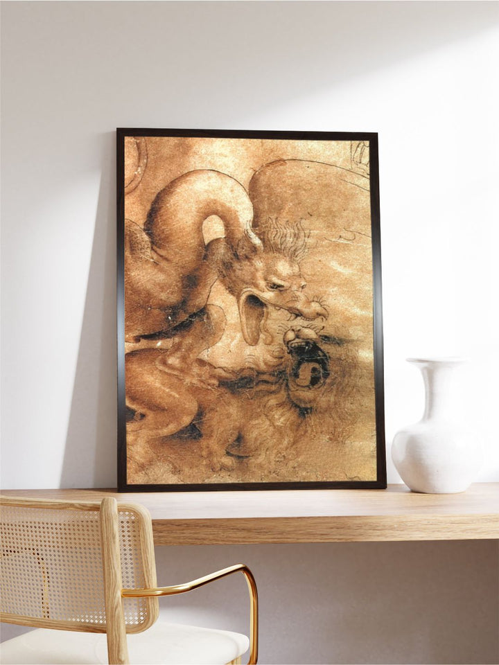 "Beige Fight Between A Dragon & A Lion Canvas Painting Wall Art''