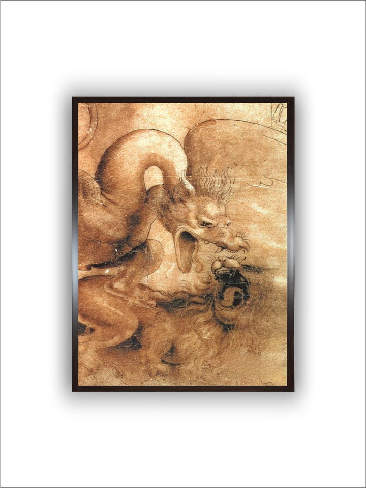 "Beige Fight Between A Dragon & A Lion Canvas Painting Wall Art''