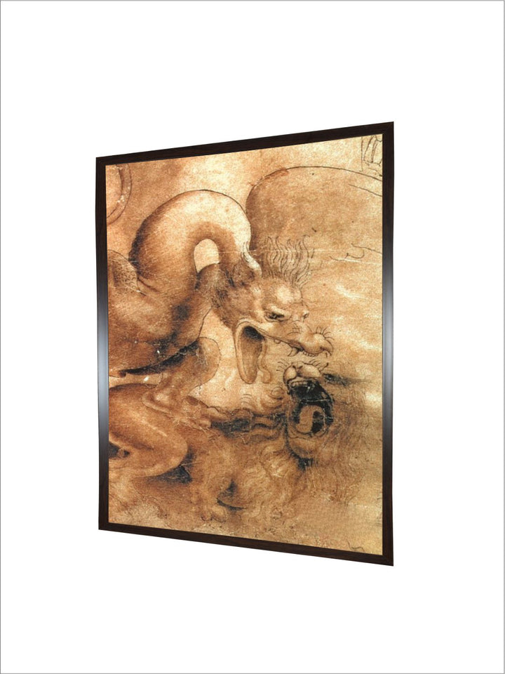 "Beige Fight Between A Dragon & A Lion Canvas Painting Wall Art''