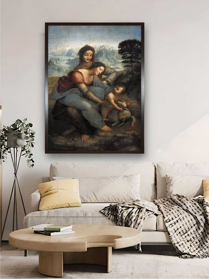 "Grey & Beige Virgin And Child with St Painting Wall Art''