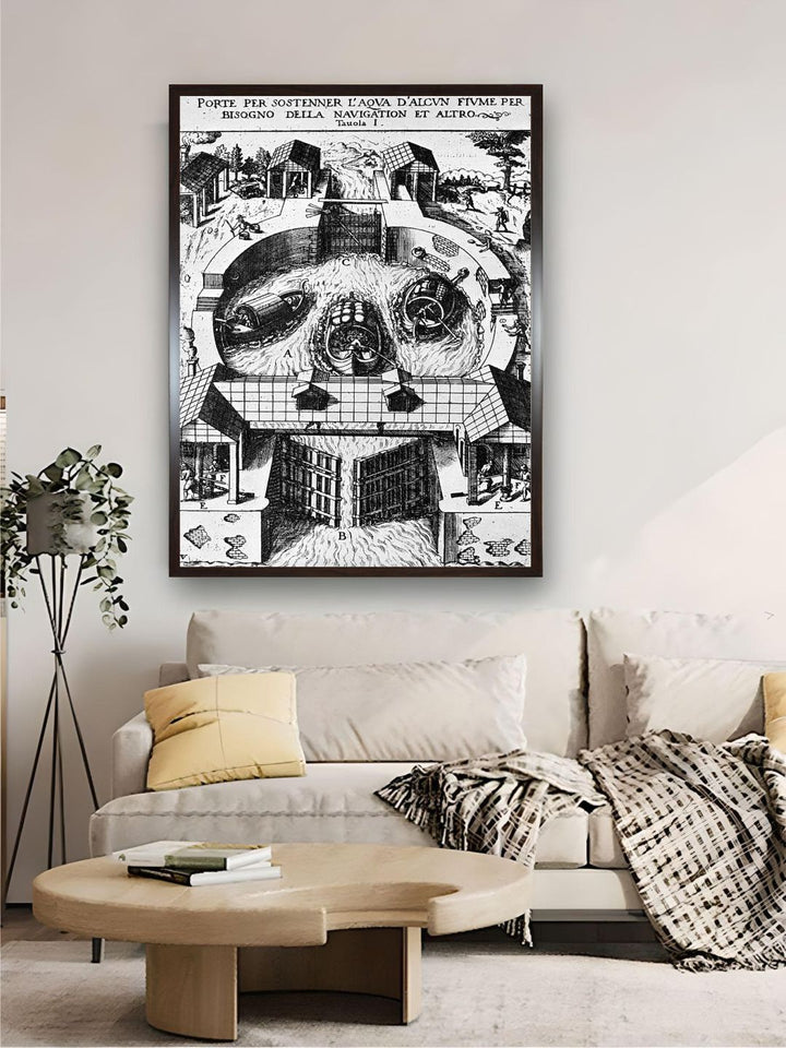 "Black & White Design Hinged Canal Lockgates By Leonardo Da Vinci Wall Art''