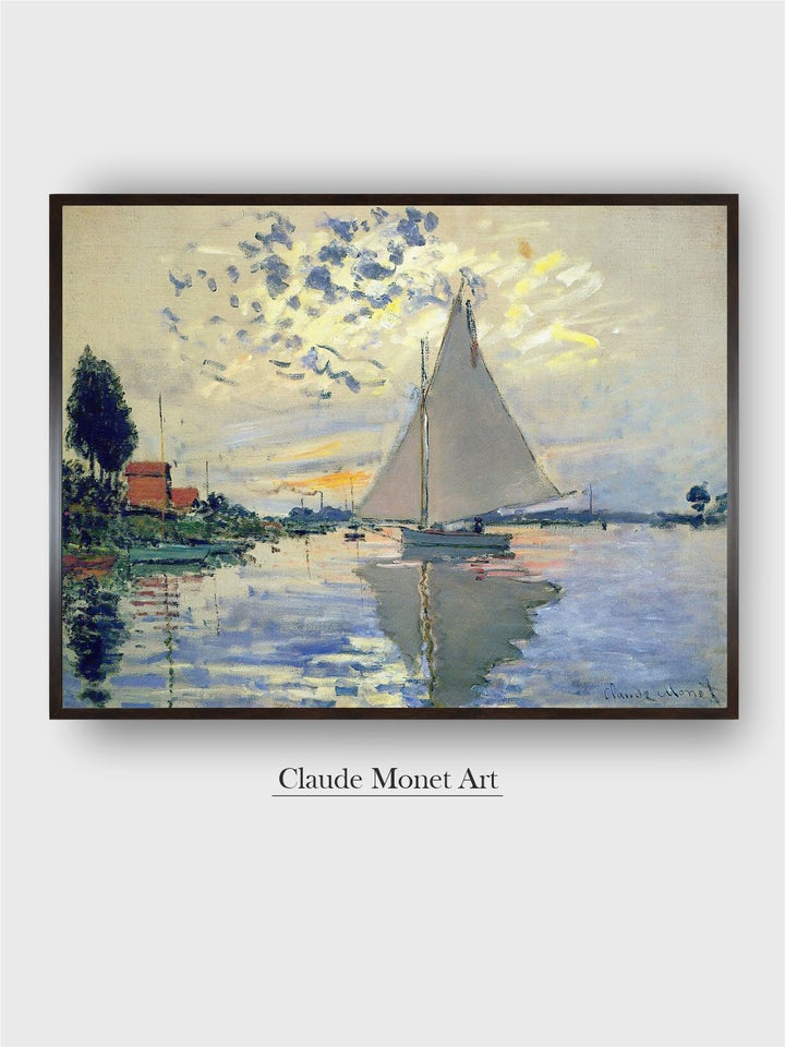 "Grey  Blue Monet Sailboat Wooden Painting Wall Art''