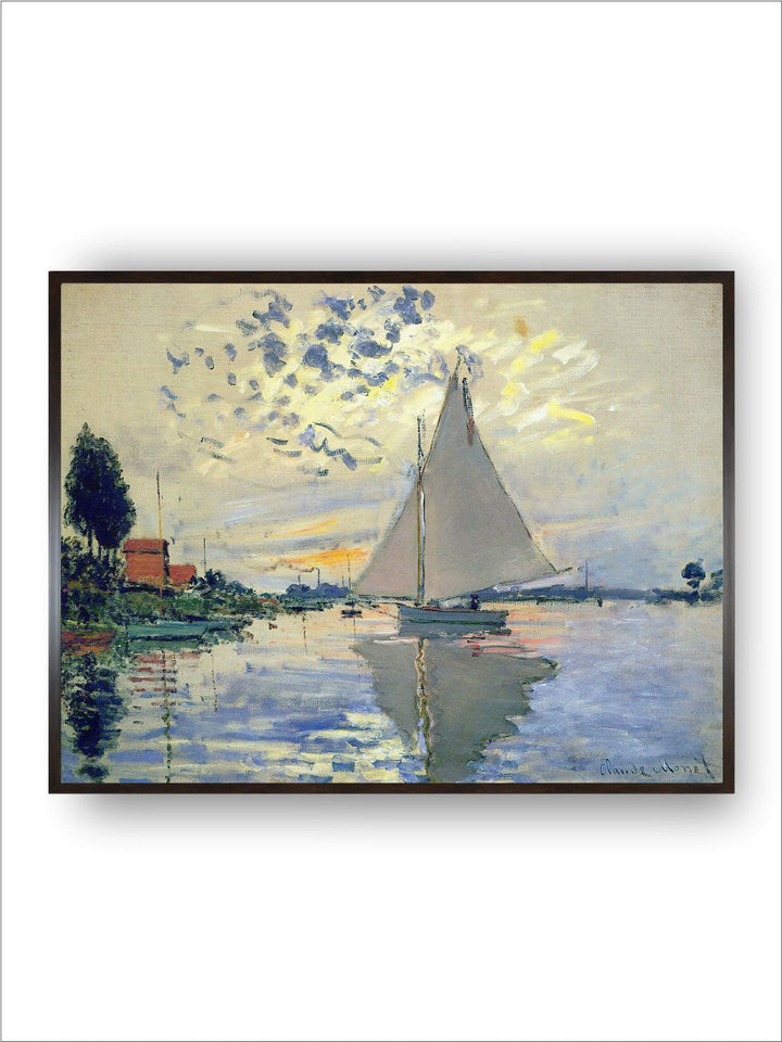"Grey  Blue Monet Sailboat Wooden Painting Wall Art''