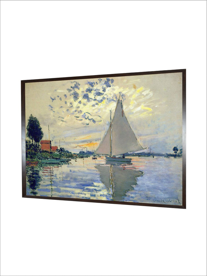 "Grey  Blue Monet Sailboat Wooden Painting Wall Art''