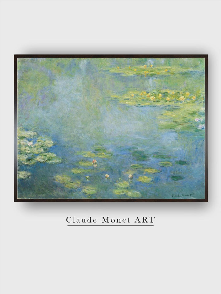 "Blue  Green Waterlilies Wooden Frame Painting Wall Art''