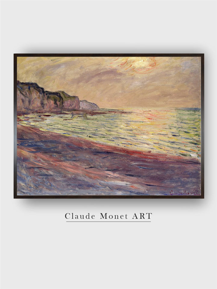 "Beige  Brown Beach at Pourville Wooden Frame Painting Wall Art''