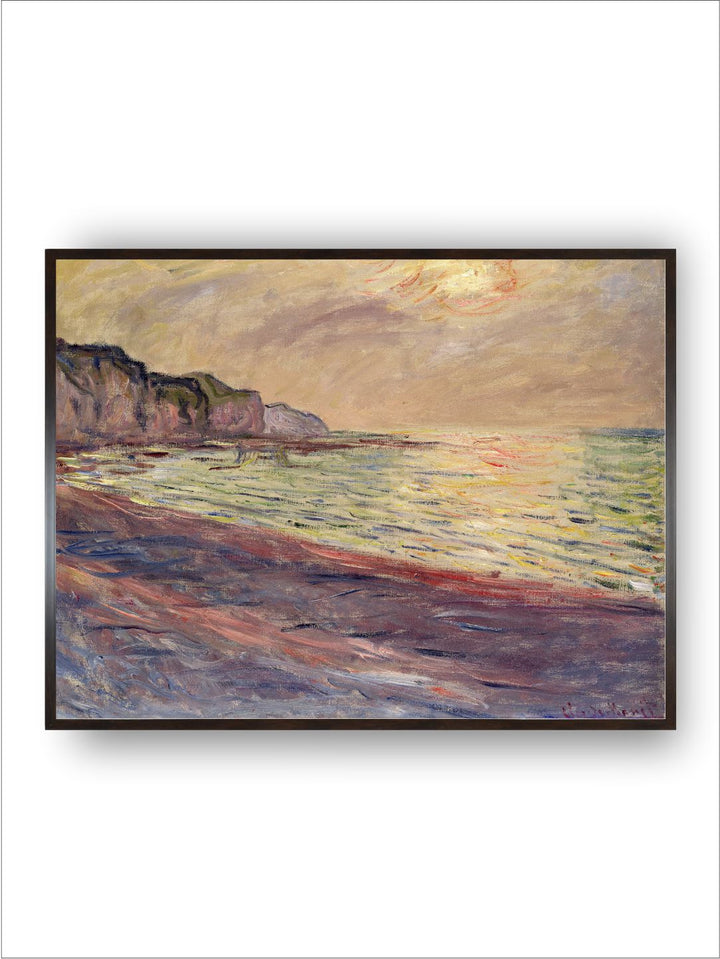 "Beige  Brown Beach at Pourville Wooden Frame Painting Wall Art''