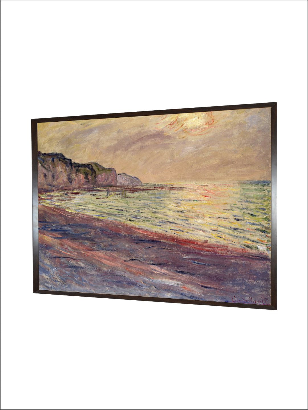 "Beige  Brown Beach at Pourville Wooden Frame Painting Wall Art''