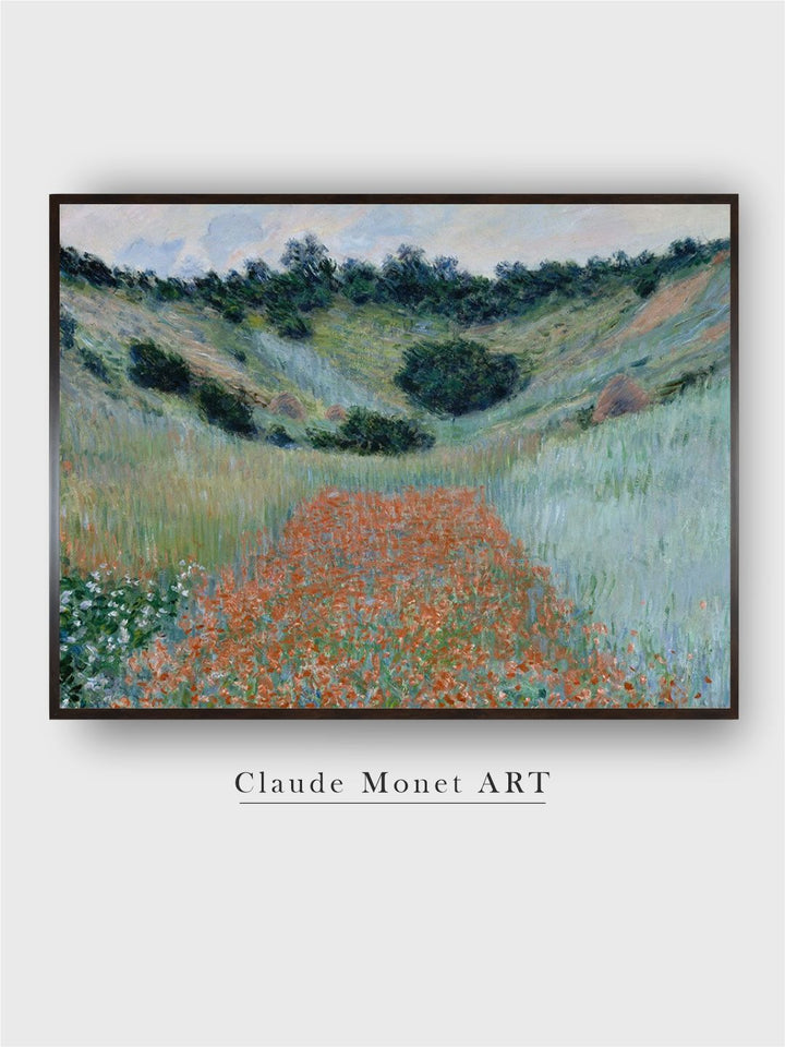 "Green  Blue Poppy Field Framed Canvas Painting Wall Art''