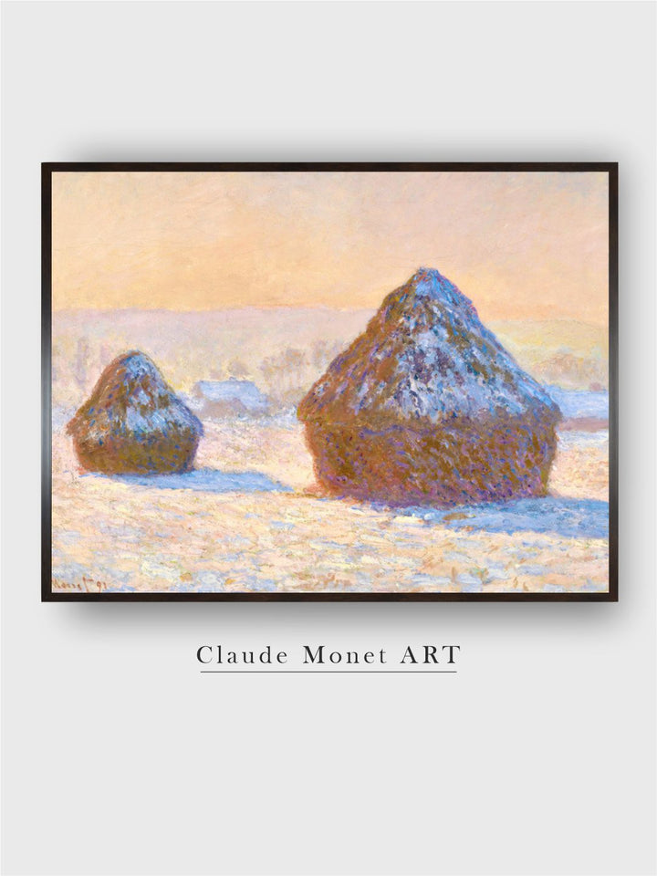 "Beige  Blue Wheatstacks  Canvas Painting  Wall Art''