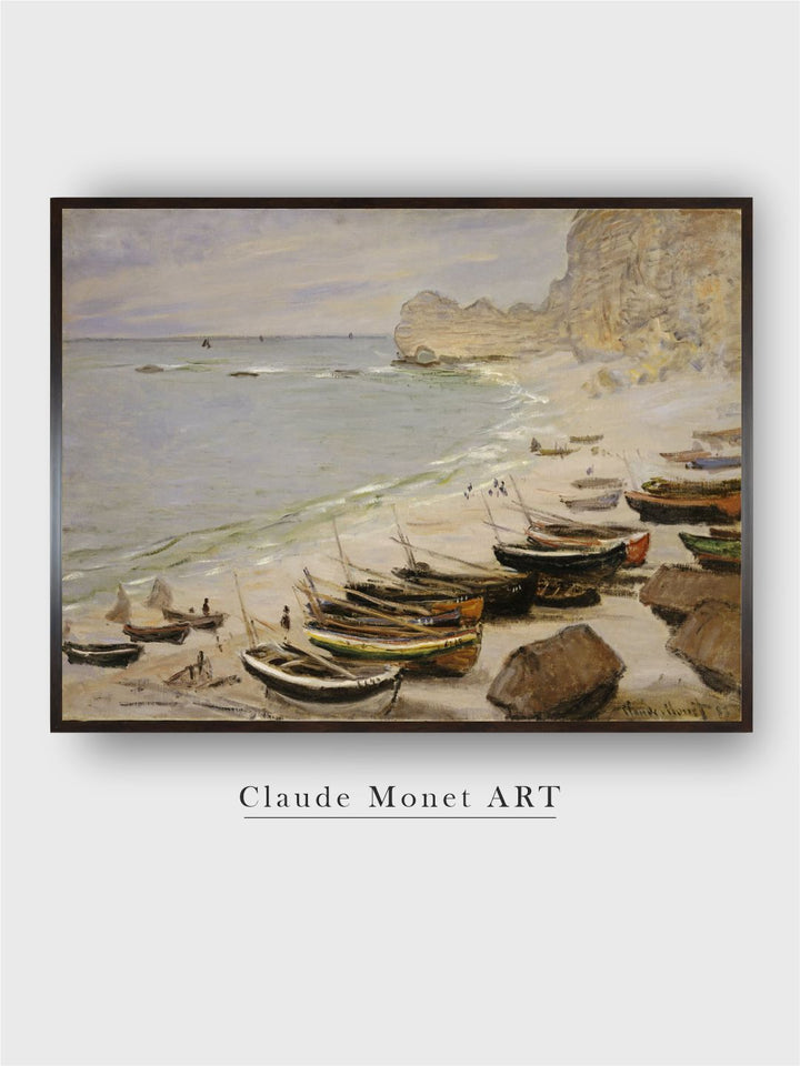 "Beige  Beach With Boats At Etretat Canvas Painting Wall Art''