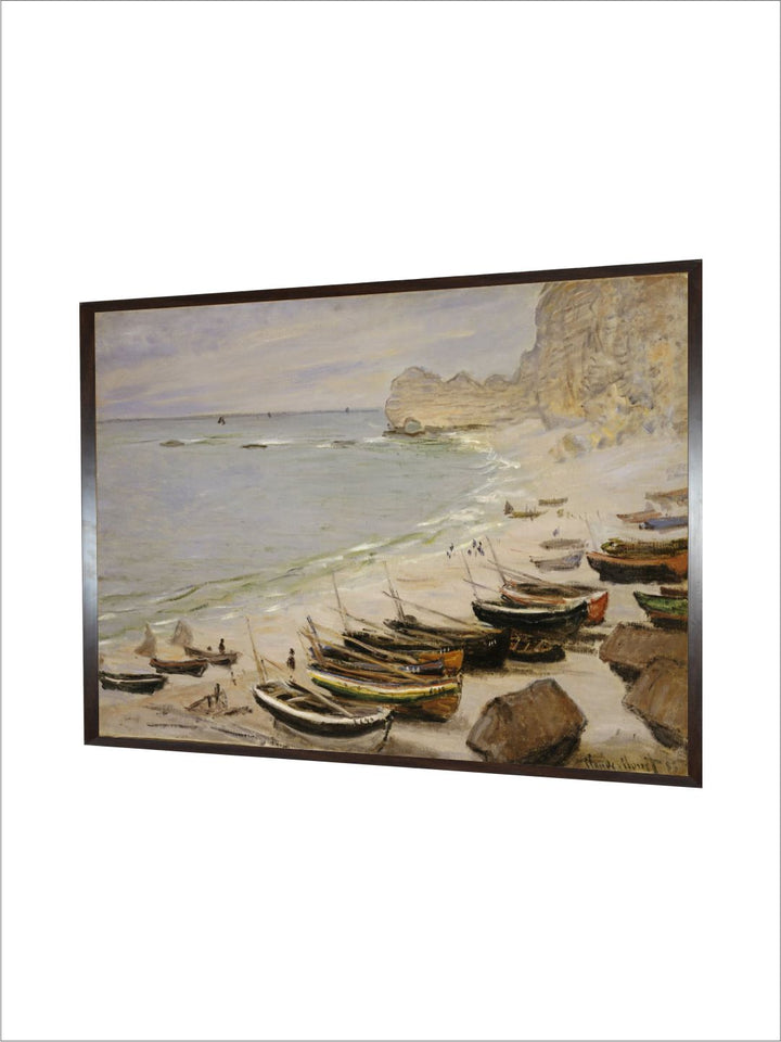 "Beige  Beach With Boats At Etretat Canvas Painting Wall Art''