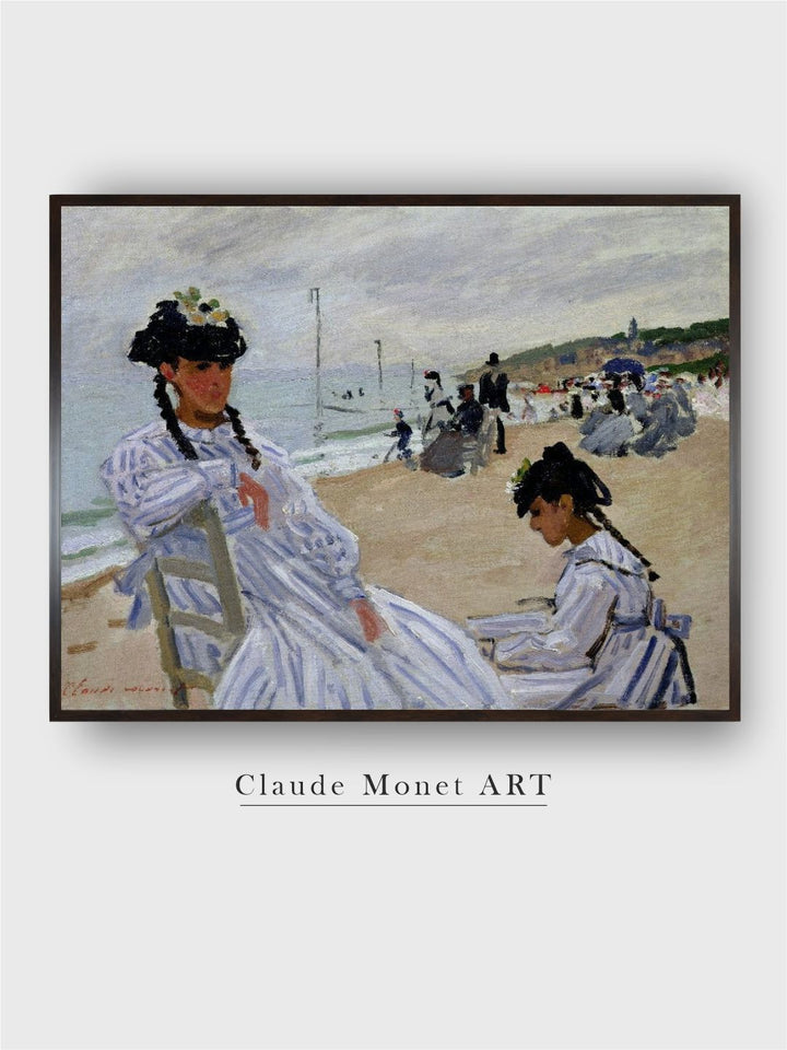 "White  Black On the Beach at Trouville Wooden Painting Framed Wall Art''
