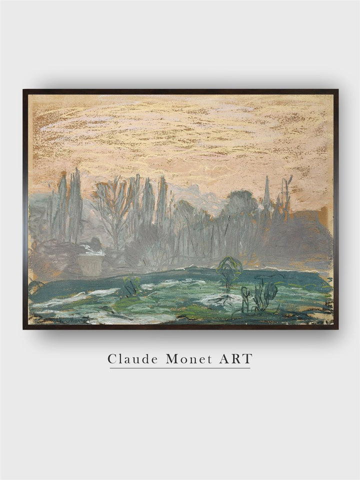 "Beige  Green Winter Landscape With Evening Sky Painting Framed Wall Art''