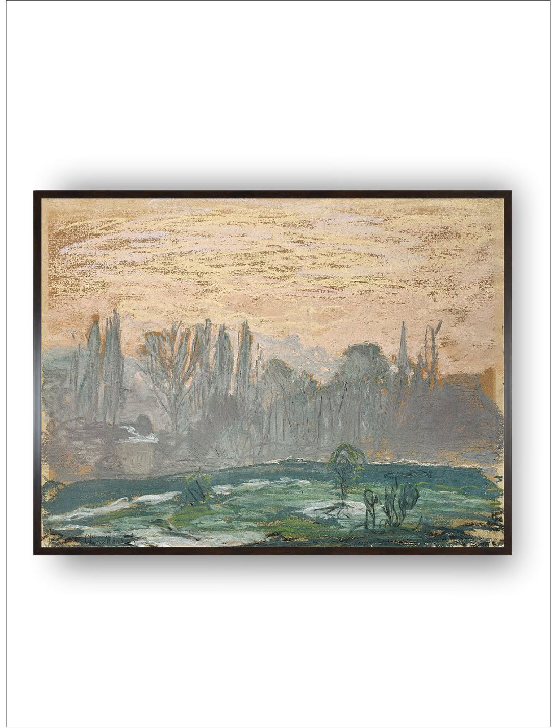 "Beige  Green Winter Landscape With Evening Sky Painting Framed Wall Art''