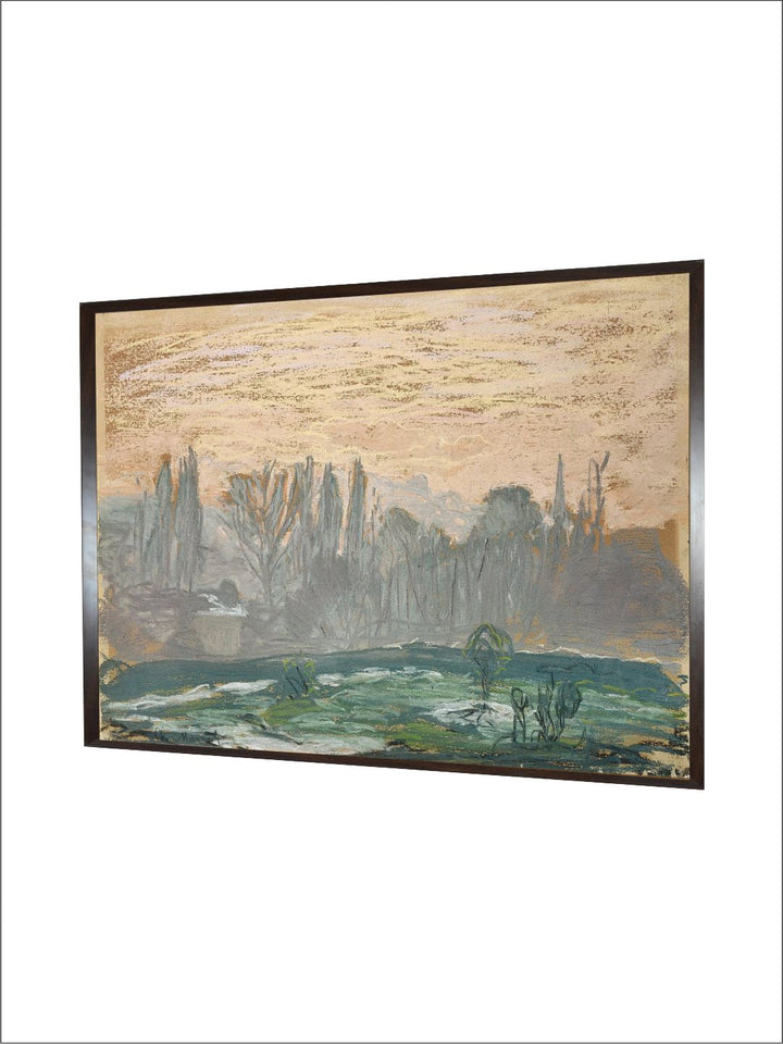 "Beige  Green Winter Landscape With Evening Sky Painting Framed Wall Art''
