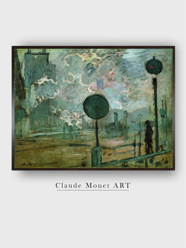 "Green  Brown The Gare Saint Lazare Canvas Painting Framed Wall Art''