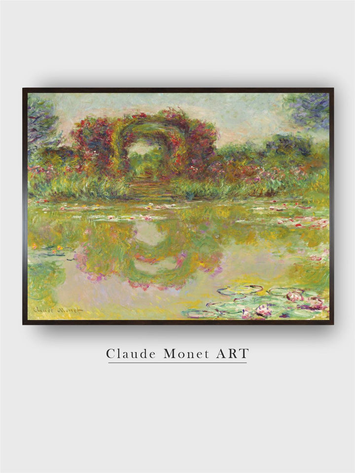 "Green  Black Bassin Aux Nympheas Les Rosiers Framed Wall Painting''