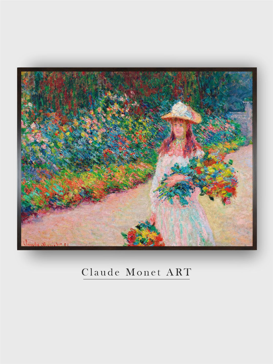"Green  White Jeune Fille Dans Le Jardin De Giverny Canvas Painting Wall Art''