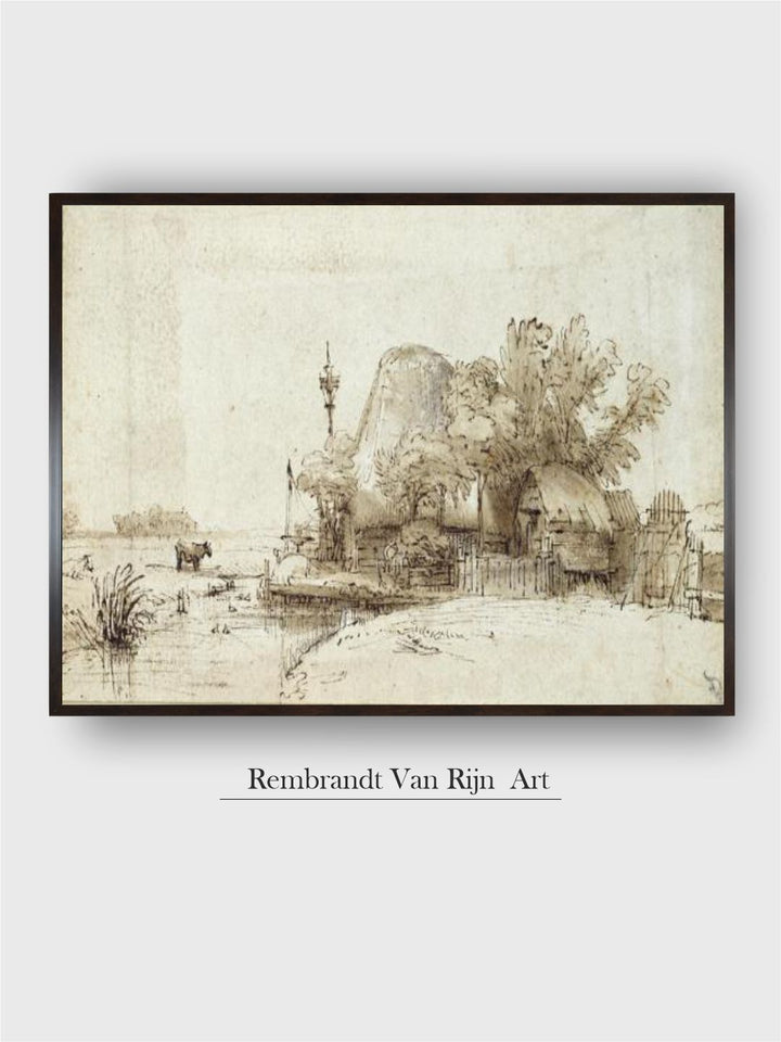 "Beige  Black A Farmstead by a Stream Wooden Painting Wall Art''