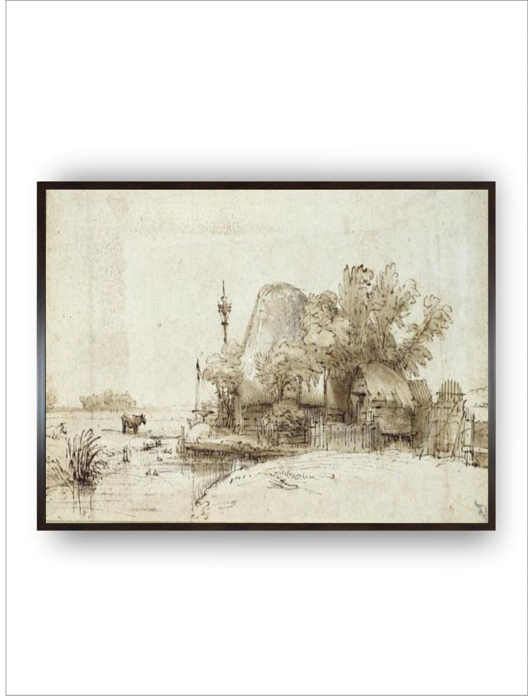 "Beige  Black A Farmstead by a Stream Wooden Painting Wall Art''