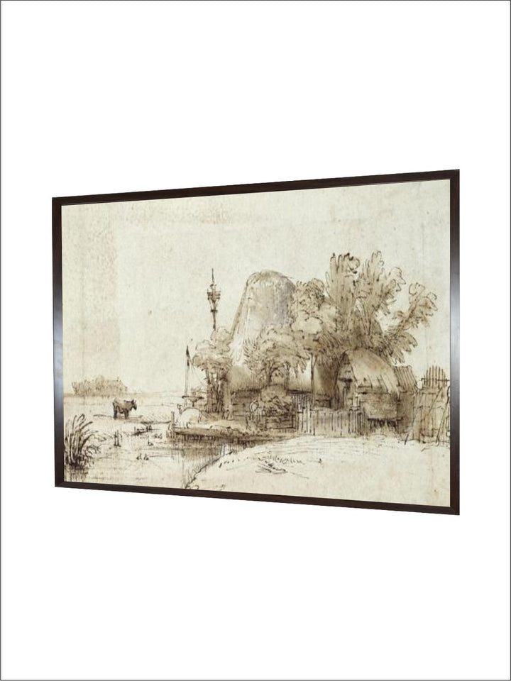"Beige  Black A Farmstead by a Stream Wooden Painting Wall Art''