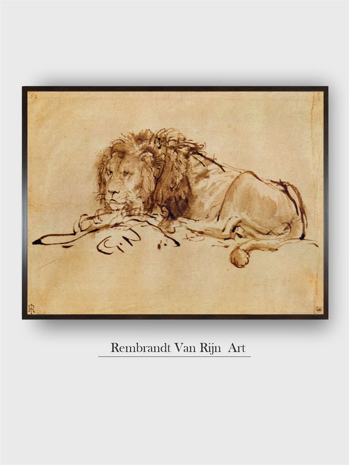 "Beige  Brown Lion Resting Turned to the Left Canvas Painting Wall Art''