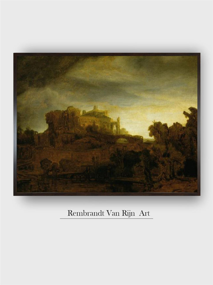 "Brown Wooden Castle at Twilight By Rembrandt Van Rijn Wall Painting  Frame''