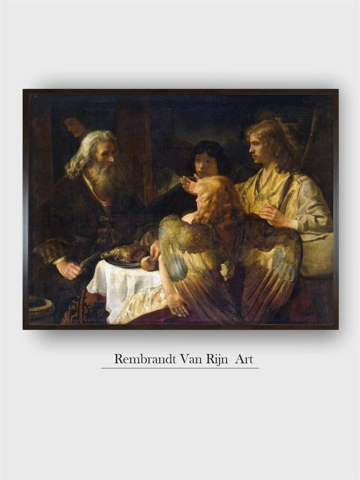 "Abraham and the Three Angels Brown  Green Wooden Painting Wall Art''