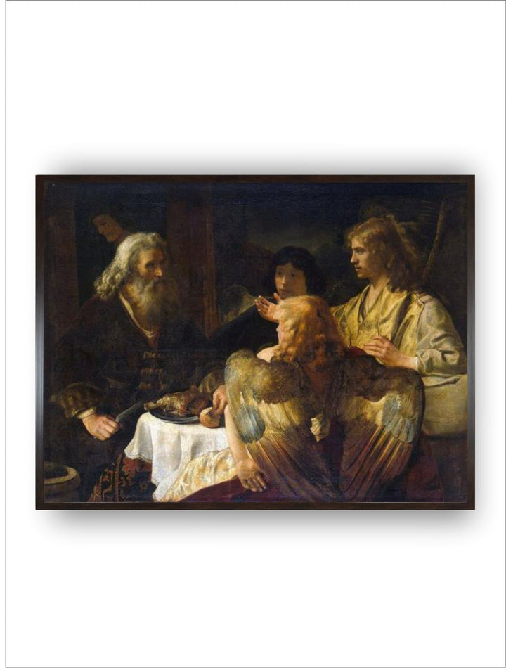 "Abraham and the Three Angels Brown  Green Wooden Painting Wall Art''