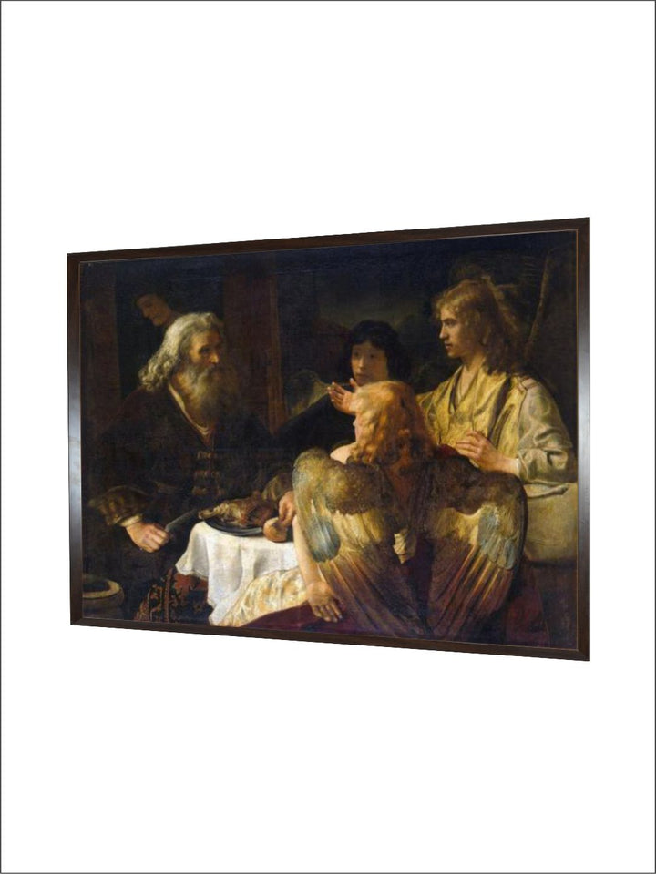 "Abraham and the Three Angels Brown  Green Wooden Painting Wall Art''