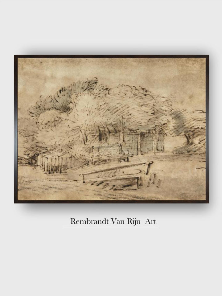 "Beige  Brown Farmhouse Beneath Trees Wooden Framed Painting Wall Art''