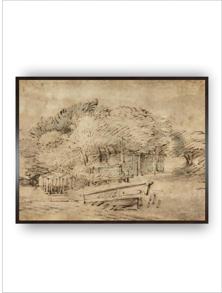"Beige  Brown Farmhouse Beneath Trees Wooden Framed Painting Wall Art''