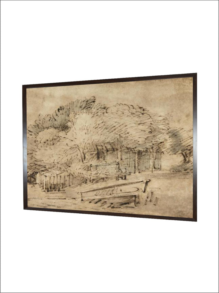 "Beige  Brown Farmhouse Beneath Trees Wooden Framed Painting Wall Art''
