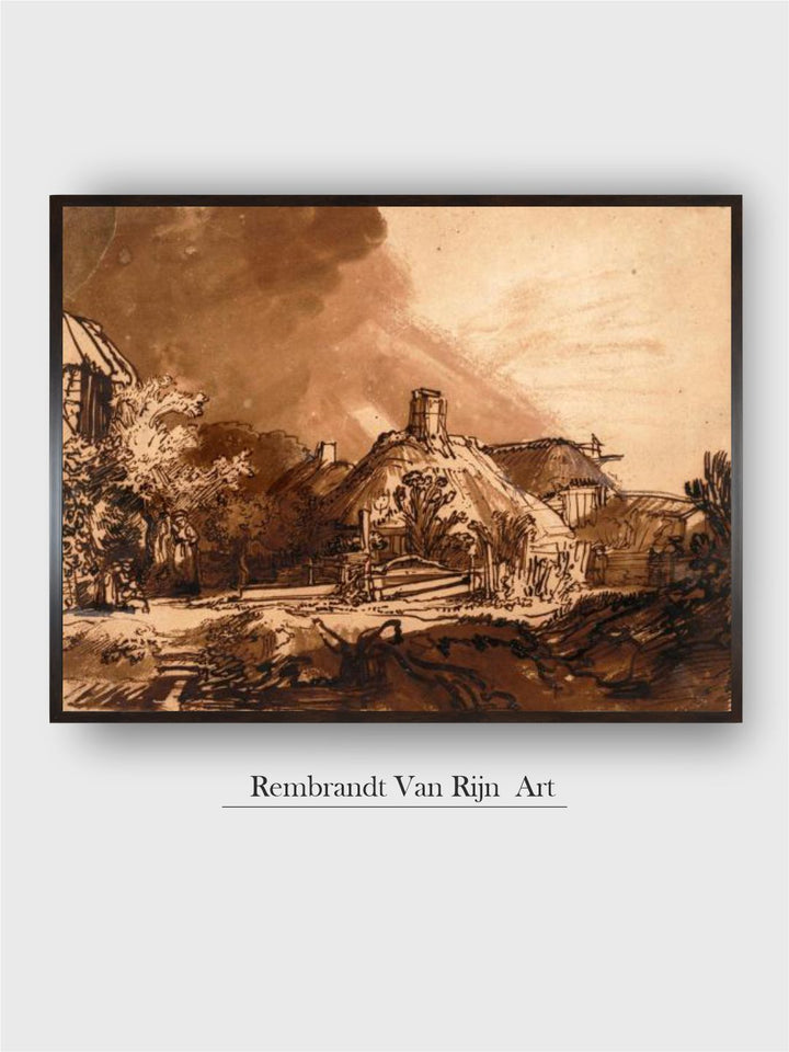 "Cottages before a Stormy Sky Brown  Beige Wooden Painting Wall Art''