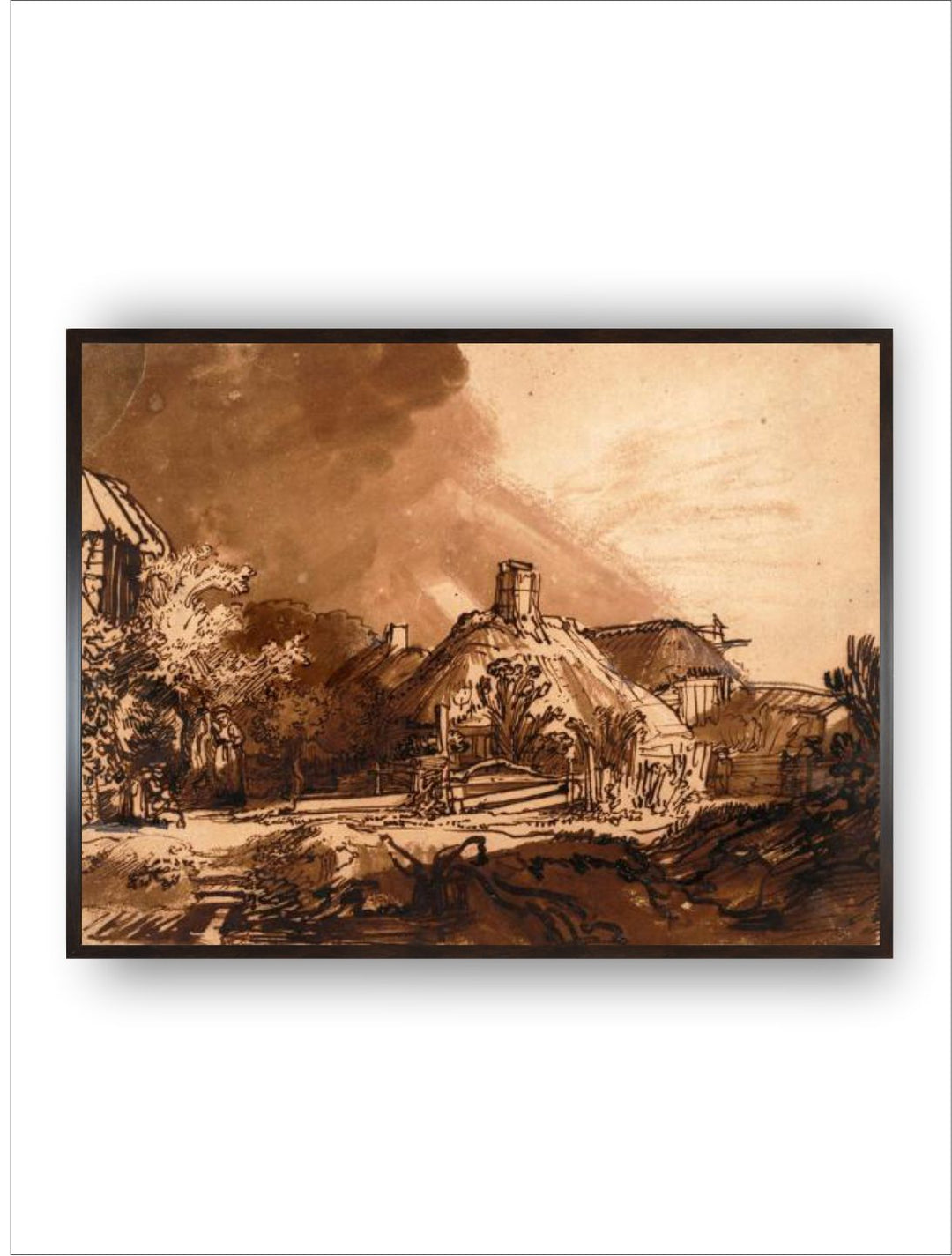 "Cottages before a Stormy Sky Brown  Beige Wooden Painting Wall Art''
