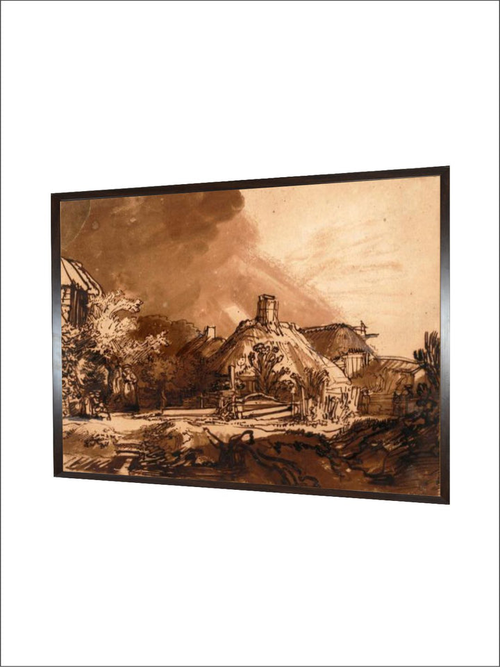 "Cottages before a Stormy Sky Brown  Beige Wooden Painting Wall Art''
