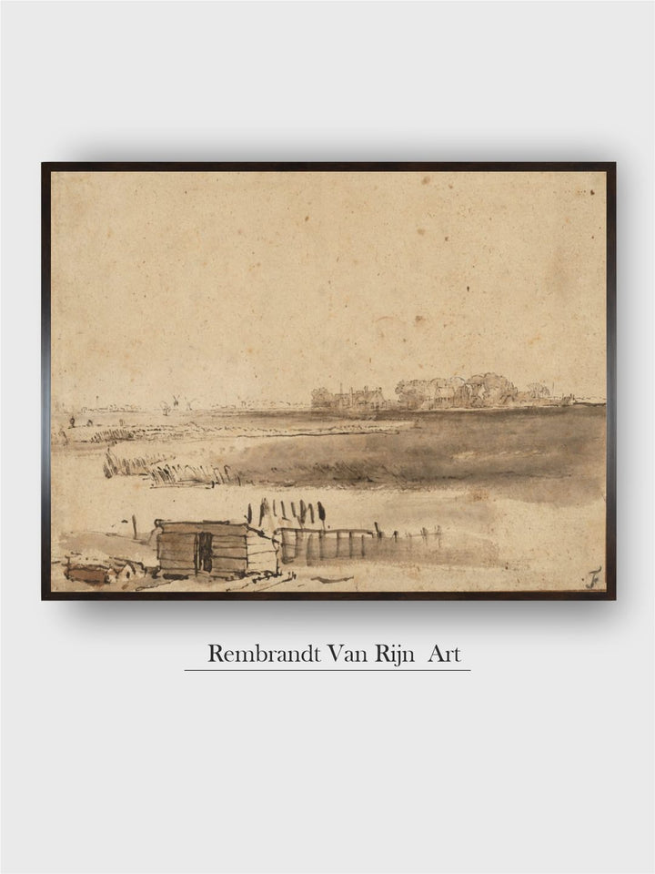 "Beige  Brown View of Houtewaal Wooden Framed Canvas Painting Wall Art''