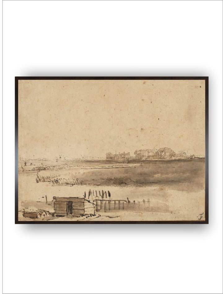 "Beige  Brown View of Houtewaal Wooden Framed Canvas Painting Wall Art''