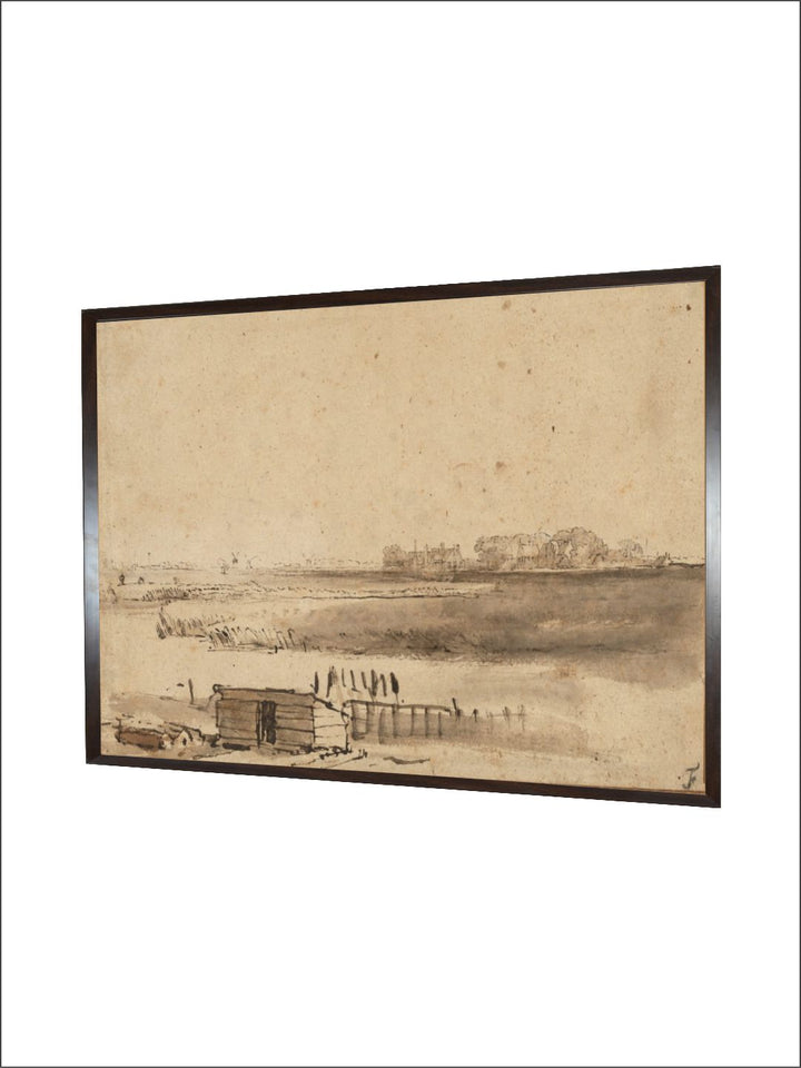 "Beige  Brown View of Houtewaal Wooden Framed Canvas Painting Wall Art''