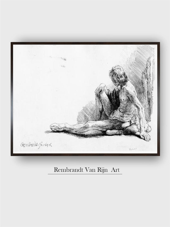 "Man Seated on the Ground White  Grey Wooden Painting Wall Art''
